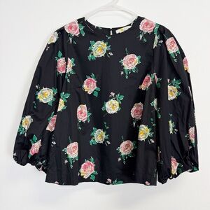 Boden Shirt Womens 8 Black Floral Balloon Sleeve 100% Cotton Blouse Top UK12